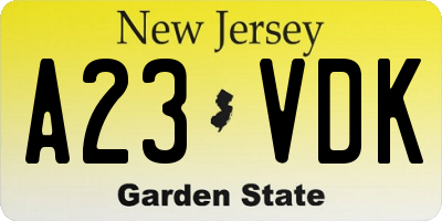 NJ license plate A23VDK