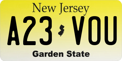 NJ license plate A23VOU