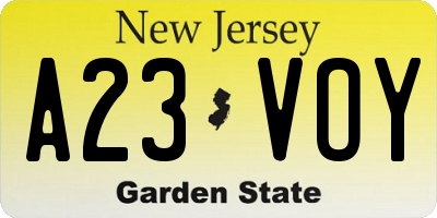 NJ license plate A23VOY