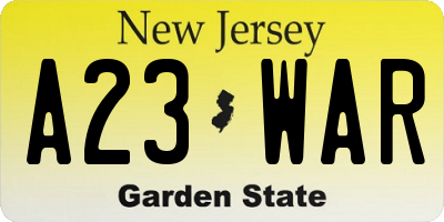 NJ license plate A23WAR