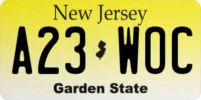 NJ license plate A23WOC