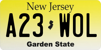 NJ license plate A23WOL