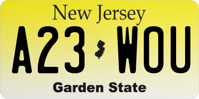 NJ license plate A23WOU