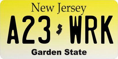 NJ license plate A23WRK
