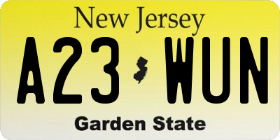 NJ license plate A23WUN