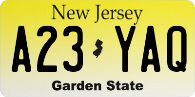 NJ license plate A23YAQ