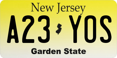 NJ license plate A23YOS