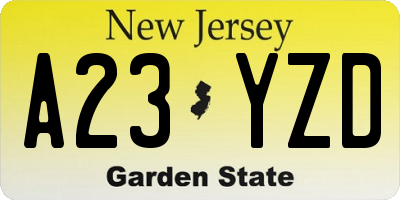 NJ license plate A23YZD