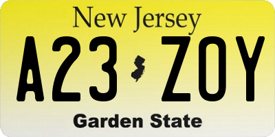 NJ license plate A23ZOY