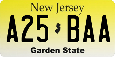 NJ license plate A25BAA