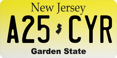 NJ license plate A25CYR