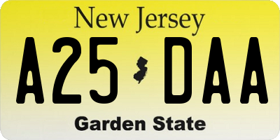 NJ license plate A25DAA