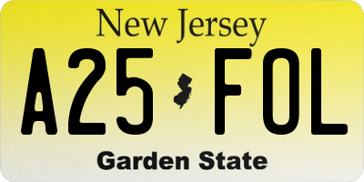 NJ license plate A25FOL