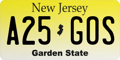 NJ license plate A25GOS