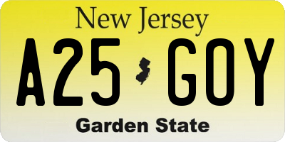 NJ license plate A25GOY