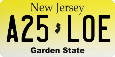 NJ license plate A25LOE