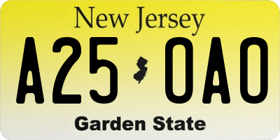 NJ license plate A25OAO