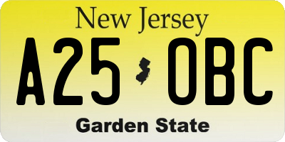NJ license plate A25OBC
