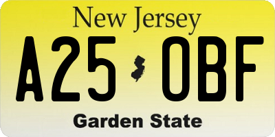 NJ license plate A25OBF
