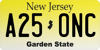 NJ license plate A25ONC
