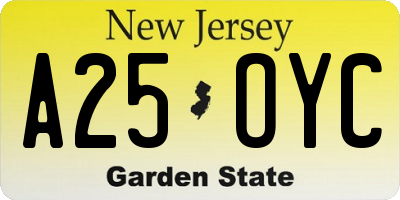 NJ license plate A25OYC