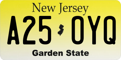 NJ license plate A25OYQ