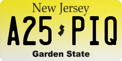 NJ license plate A25PIQ
