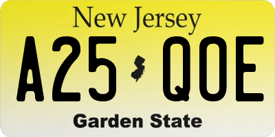 NJ license plate A25QOE