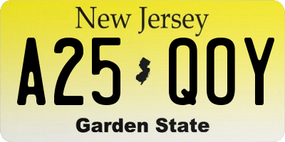 NJ license plate A25QOY