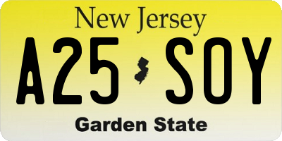 NJ license plate A25SOY