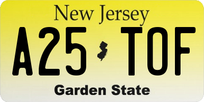 NJ license plate A25TOF