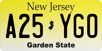 NJ license plate A25YGO