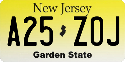 NJ license plate A25ZOJ