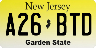 NJ license plate A26BTD