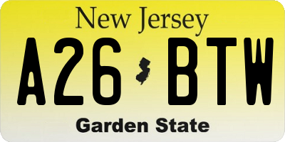 NJ license plate A26BTW
