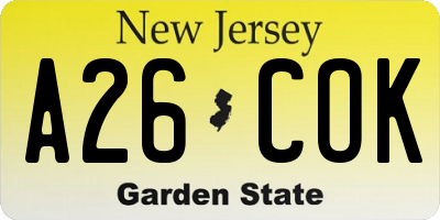 NJ license plate A26COK