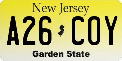 NJ license plate A26COY
