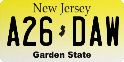 NJ license plate A26DAW