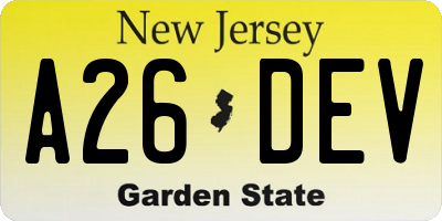 NJ license plate A26DEV