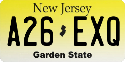 NJ license plate A26EXQ
