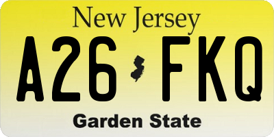 NJ license plate A26FKQ