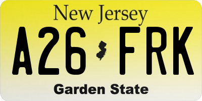 NJ license plate A26FRK