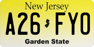 NJ license plate A26FYO