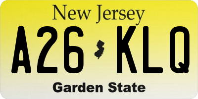 NJ license plate A26KLQ