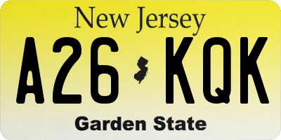 NJ license plate A26KQK