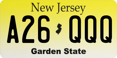 NJ license plate A26QQQ