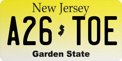 NJ license plate A26TOE