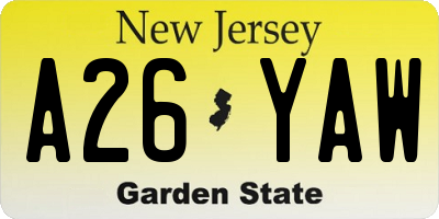 NJ license plate A26YAW