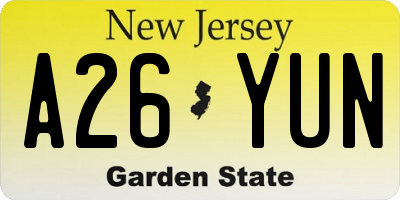 NJ license plate A26YUN