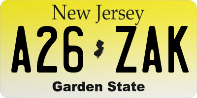 NJ license plate A26ZAK